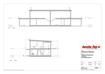 Snittegning (Snitt A og B) som viser bygningens tverrsnitt, høyder, trapp og romfordeling.