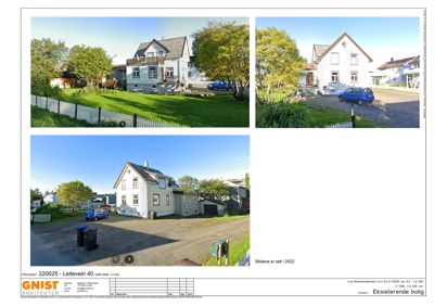Fotografier av en eksisterende bolig (Leitevein 40) tatt i 2022, inkludert bilder av fasade, hage og bil.