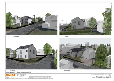 Situasjonsperspektiv (3D-visualisering) som viser bygningens plassering i forhold til nabolaget fra fire ulike vinkler.