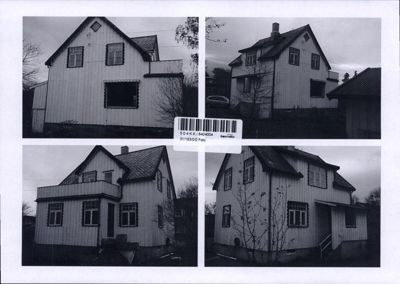 Fotografi av en hvit, trepanelert enebolig med skifer- eller takstein-tak sett fra fire ulike vinkler.