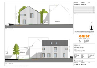 Fasadetegning som viser bygningens utseende fra øst og sør med mål og detaljer.