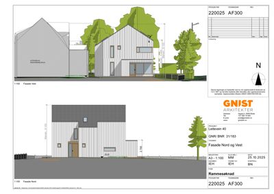 Fasadetegning som viser bygningens utseende fra nord og vest med mål og detaljer.