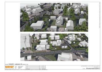 3D-visualisering (rendering) av et situasjonsperspektiv for et boligprosjekt. Bildet viser to ulike vinkler på hvordan bygningene og omgivelsene vil se ut.