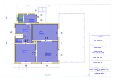 Etasjeplan (1. etasje) med romfordeling, mål og arealoppsett for en bygning.