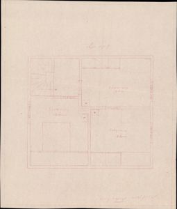 En tegning som viser romfordeling og etasjeplan for en bygning, med skriftlige notater om romstørrelser.