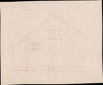 En tegning som viser fasaden (framsiden) på en bygning sett fra fronten. Tegningen viser takform, vinduer og grunnmur.