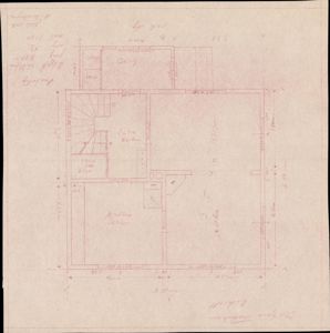 Etasjeplan (1. etasje) med romfordeling (kjøkken, stue, soverom, gang), trapp og mål.