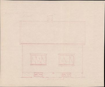 En tegning som viser fasaden (framsiden) på en bygning sett fra fronten. Tegningen illustrerer bygningens utseende med vinduer og takform.