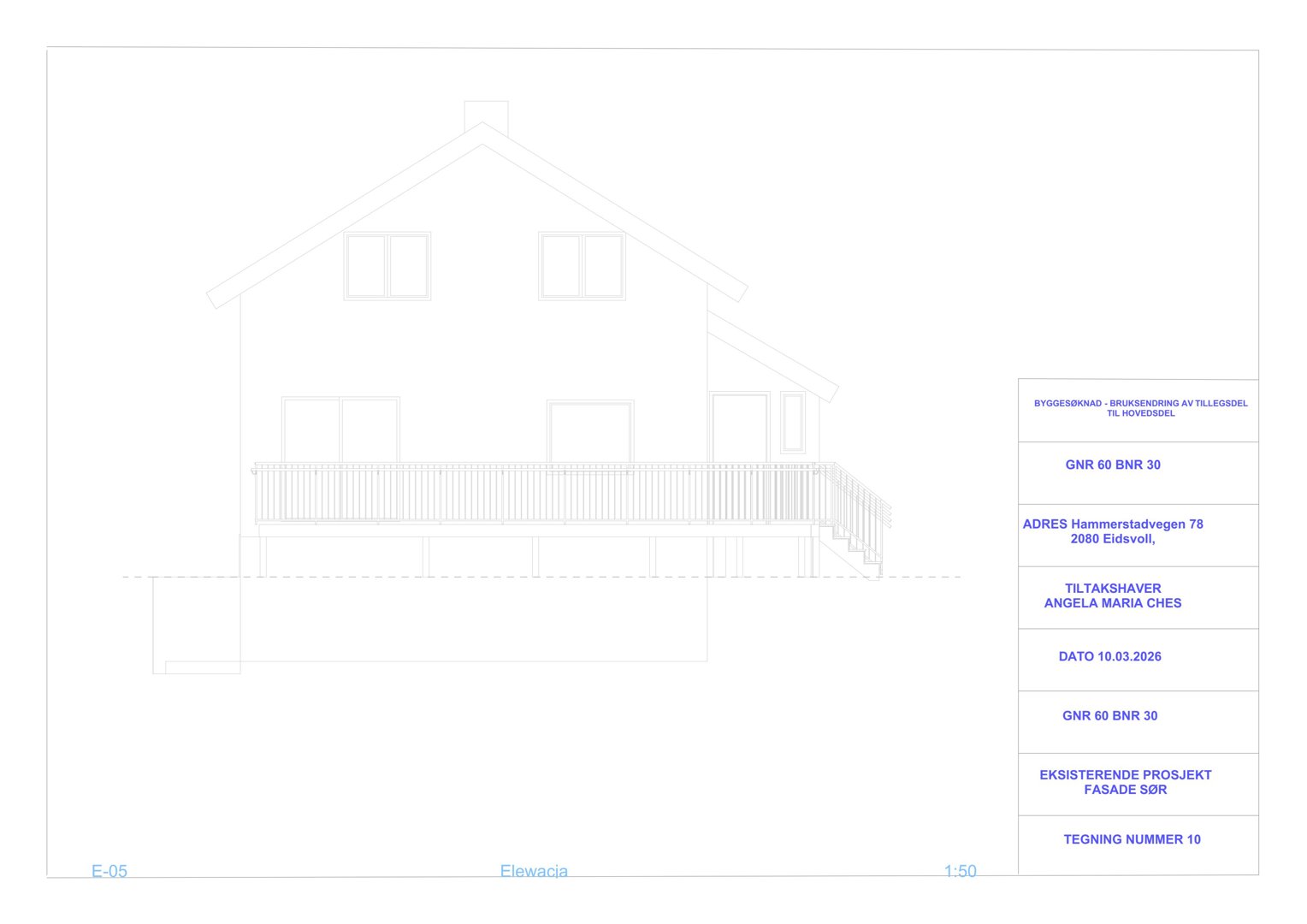 Fasadetegning (opprikk) av en eksisterende bygning sett fra sør.