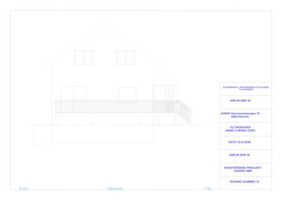 Fasadetegning (opprikk) av en eksisterende bygning sett fra sør.