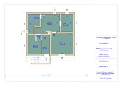 Plantegning av kjelleretasje (KJELLER (3)) med romfordeling, dimensjoner og arealopplysninger.