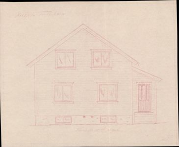 En tegning som viser fasaden mot øst på en toetasjes bygning med vinduer og en dør.