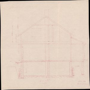En håndtegnet snittegning som viser bygningens tverrsnitt, inkludert fundament, vegghøyder og takkonstruksjon.