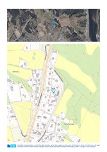 Bildet viser en digital oversikt over et område med topografiske linjer, vegnavn (f.eks. Trondheimsvegen) og eiendomsnummer. Det er også inkludert en satellittbilde i toppen som viser den geografiske plasseringen.