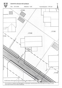 Situasjonsplan som viser tomtetilliggende, nabotomter (17/184-190), veier og høydemål.