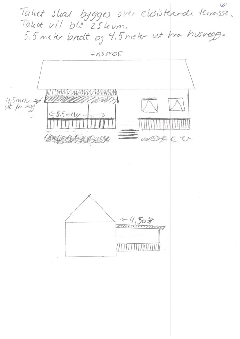 Håndtegnet fasadetegning som viser et nytt tak over en terrasse, med mål på 5,5 meter bredde og 4,5 meter ut fra husveggen.