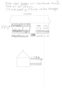 Håndtegnet fasadetegning som viser et nytt tak over en terrasse, med mål på 5,5 meter bredde og 4,5 meter ut fra husveggen.