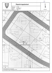 Reguleringsplankart som viser eiendomsnummer, adresse, dato, målestokk og bygningsplassering i situasjon.