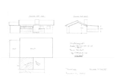 Fasadetegning med oppriss av bygningen sett fra sør og vest, inkludert mål på høyder og arealregninger.