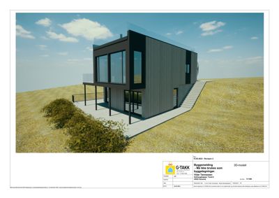 3D-visualisering av en moderne bygning i et landskap