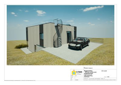 3D-visualisering av en planlagt bygning med bil og omgivelser