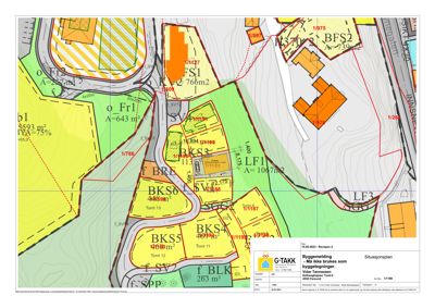 Situasjonsplan som viser tomtedeling, arealer, byggefelt og vegnett.