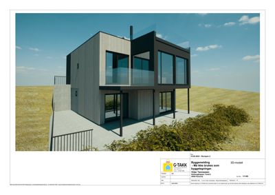 3D-visualisering av en planlagt bolig med moderne fasade og omgivelser