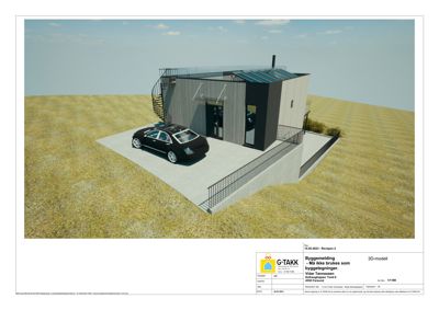 3D-visualisering av en planlagt bygning (hus) sett fra en vinkel, med bil og omgivelser.