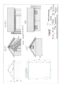 Fasadetegning som viser bygningens utsyn fra alle fire sider (Nord, Sør, Øst, Vest) samt en detaljert oppriss av taket.