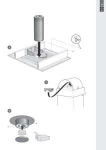 Detaljtegning som viser monteringsprosedyre for et teknisk element (sannsynligvis en ventilasjonsutløp eller lys), med oppdelte komponenter og monteringsretning.