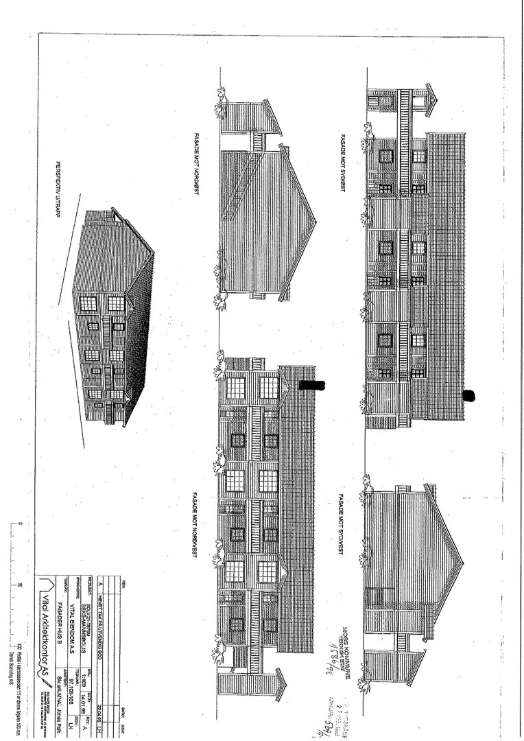 Bildet viser en tegning med 3D-visualiseringer (perspektiv) og 2D-opprikk (fasader) av en bygning.