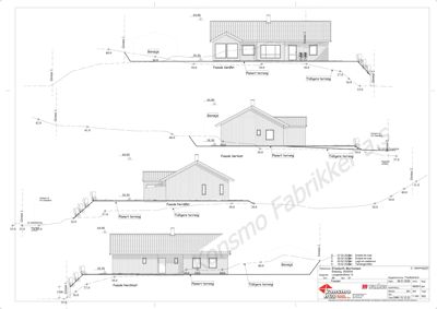 Fasadetegning som viser bygningens utseende fra fire ulike vinkler (Nord, Vest, Sør, Øst) med angitte høyder og terrassering.