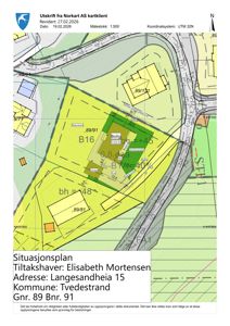 Situasjonsplan som viser tomtens beliggenhet, naboeiendommer, bygningers plassering og arealdata.