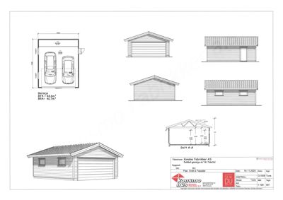 En tegning som viser fasader (oppsett av bygningen sett fra ulike vinkler) og et snitt (Snitt A-A) for en dobbel garasje.