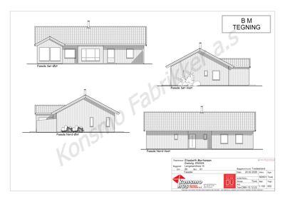 Fasadetegning som viser utsiden av en bolig fra fire ulike vinkler (Sør-Øst, Sør-Vest, Nord-Øst og Nord-Vest).