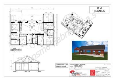 Bildet viser en tegning med etasjeplan (1. ETASJE), snitt (Snitt A-A) og en 3D-visualisering av huset.