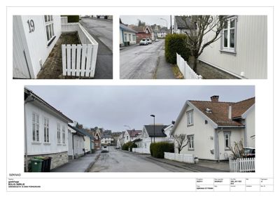 Fotografier av eksisterende bygninger og gatelysning i Porsgrunn.