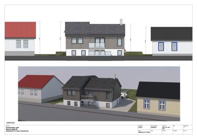 3D-visualisering av en bolig med omgivende bebyggelse og terreng