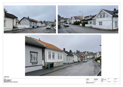 Fotografier av eksisterende hus og gater i et boligområde, sannsynligvis for å dokumentere forholdene før en byggesak.