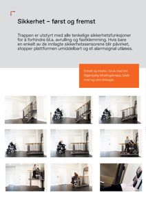 En samling av fotografier som viser en person i rullestol som bruker en heisplattform. Bildene illustrerer funksjonen og bruken av heisen.