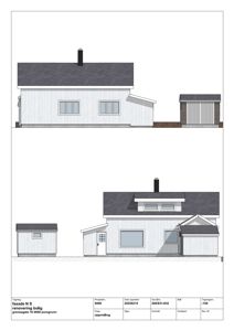 Fasadetegning som viser bygningens utseende sett fra nord (N S), inkludert tak, vinduer, dører og tilhørende garasje. Tegningen er delt i to deler, trolig for å vise før- og etteroppmåling eller ulike fasadepartier.