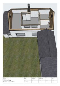 3D-visualisering (rendering) av en bolig med åpen takkonstruksjon, som viser romfordeling, vegger, gulv og tak. Bildet inkluderer også en situasjonsplan med grøntområde og en teknisk tegningshode med prosjektinformasjon.