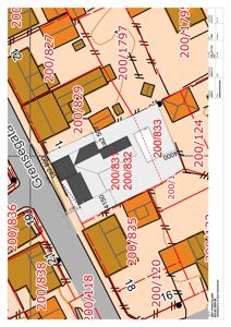 Situasjonsplan som viser eiendomsinndeling, eiendomsnummer (f.eks. 200/831), bygningers plassering i forhold til eiendomsgranser og vei (Grensegtata).
