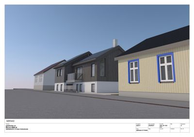 3D-visualisering av en boligbebyggelse med fasade og omgivelser