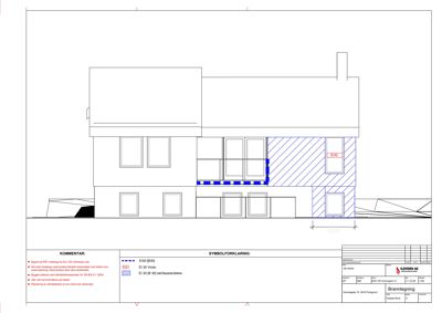 Fasadetegning (branntegning) som viser bygningens ytre utseende, vinduer, tak og konstruksjonsdetaljer.