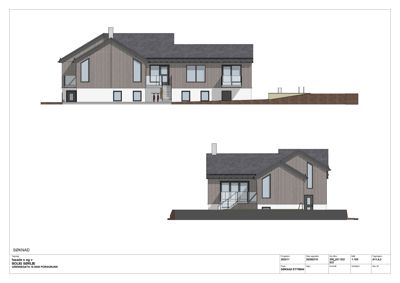 Fasadetegning som viser bygningens utside med takform, vinduer og materialvalg.