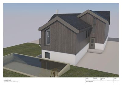 3D-visualisering av en bolig med tilhørende basseng og omgivelser