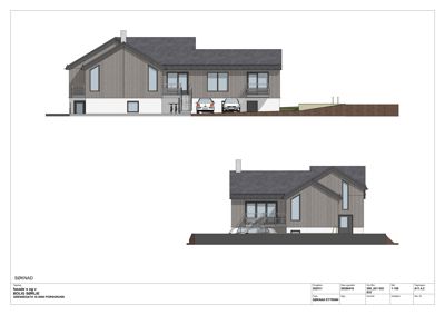 Fasadetegning som viser bygningens utseende fra to ulike vinkler (sør og vest).