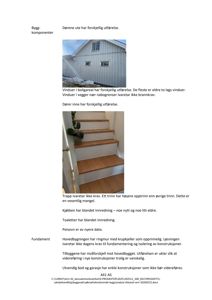 Fotografier av en bygning og interiør (trapp) med tilhørende tekstbeskrivelse om byggekomponenter.