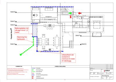Etasjeplan med romfordeling, snittlinjer og merknader om utforming (f.eks. balkongdekke og rømning).